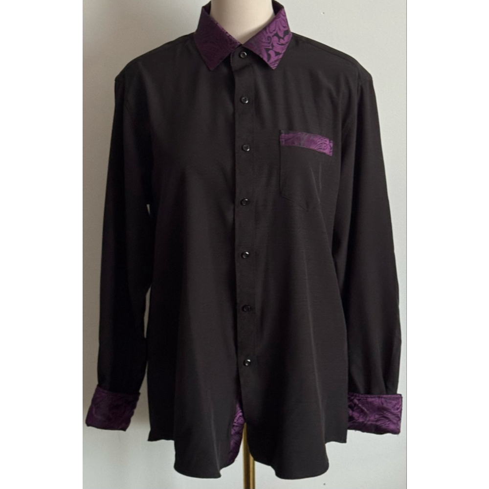 Men's DiBanGu Casual Button Down Shirt M Black with Purple Accents